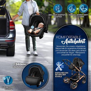 Дитяча коляска KIDUKU® 3 в 1 XXL Комплект | Комбінована коляска з люлькою, прогулянковим блоком та автокріслом | З підножкою, рюкзаком, грічкою, дощовиком та столиком | Надувні колеса, чорний / мідно-золотий, ECE R129