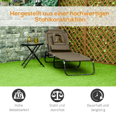 Розкладне крісло для відпочинку на сонце, ідеальне для саду, балкону та басейну. Зручне крісло-шезлонг з підголовником та спинкою, що регулюється в 4 положеннях. Підходить для кемпінгу та відпочинку на відкритому повітрі. Максимальне навантаження: до 120 