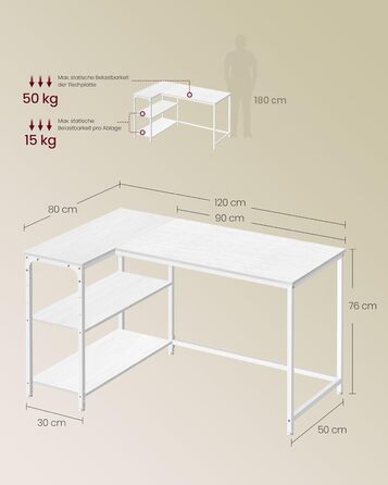 Кутовий стіл VASAGLE L-подібної форми з полицею, для офісу вдома, 120 x 80 см, Ahornweiß (без розетки)