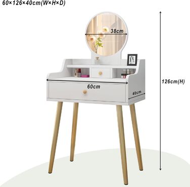 Дзеркальний туалетний столик DATO з LED-підсвічуванням, 3 режими кольору та регулюванням яскравості, з пуфом, 5 шухляд та 3 полиці, розсувний дзеркало (121)