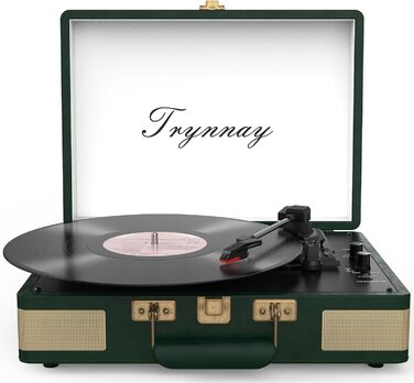 Вініловий програвач Trynnay 3-ступеневий Bluetooth у валізі, з вбудованими динаміками, покриття PU-шкіра, зелений, покращене аудіо