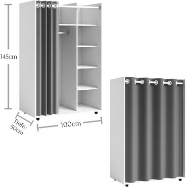 Мобільна шафа-купе Stella Trading JENKE на коліщатках, біла з тканинною шторою - універсальна універсальна шафа-купе з розумними внутрішніми перегородками - 100 x 145 x 50 см (Ш/В/Г)