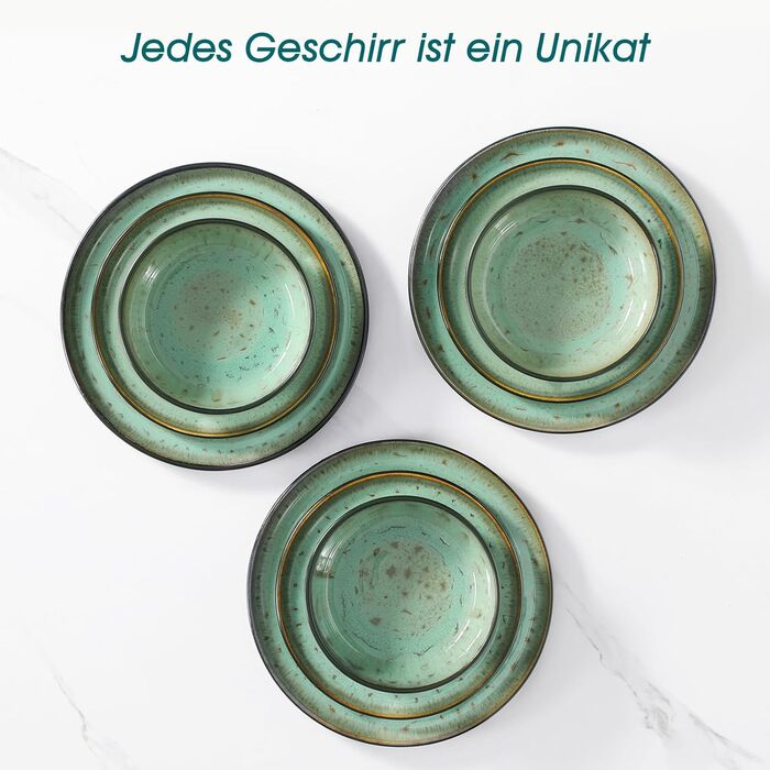 Набір посуду на 6 осіб vancasso AMBER, 18 предметів, ручної роботи, з реактивною глазур'ю, смарагдово-зелений, для щоденного використання