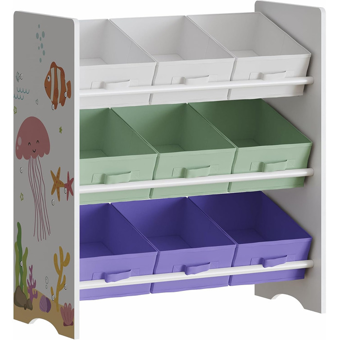 Полиця для дитячої кімнати en.casa Boiro з 9 коробками для іграшок, 60 x 62 x 30 см, Aqua Dream-Motiv