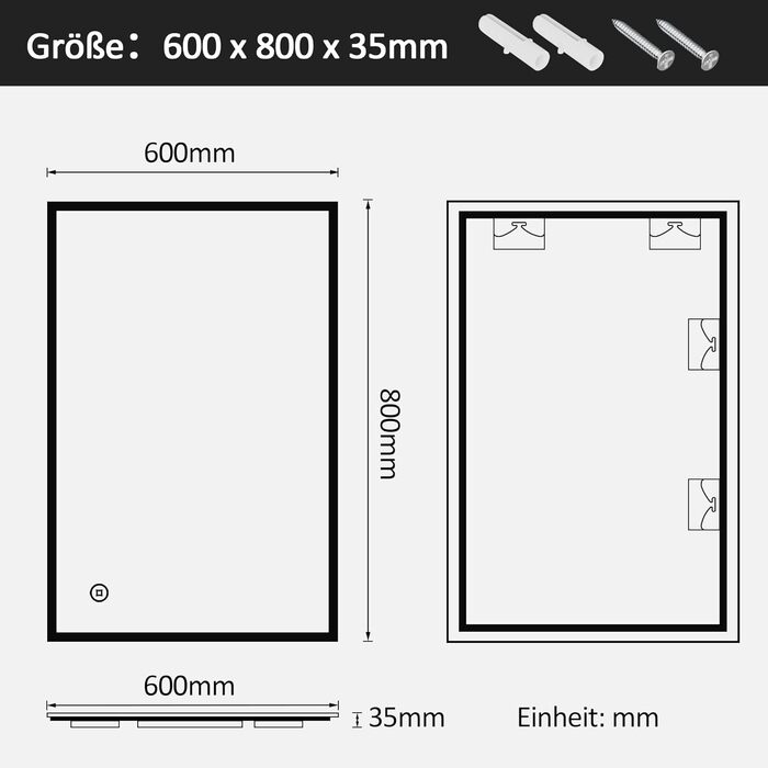Дзеркало для ванної кімнати Boromal з підсвічуванням 80x60 см, 3 кольори світла, регулювання яскравості, LED, сенсорне керування