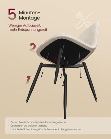 Стільці для обідньої зони VASAGLE – комплект з 4 шт., кремово-білі, з м'яким сидінням та металевими ніжками