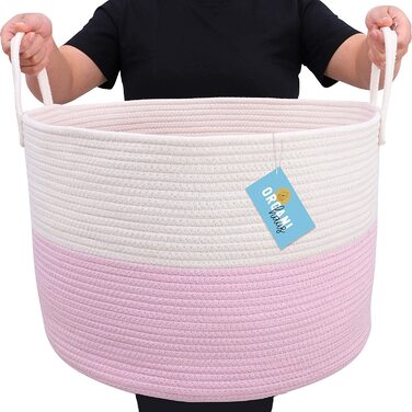 Органний будинок Глибока кошик для зберігання-кошик для іграшок-кошик для білизни плетена з бавовни з ручками-кошик для рушників для ванної-кошик для зберігання речей Плетена для вітальні-50x33 см (дуже велика, рожева / біла)