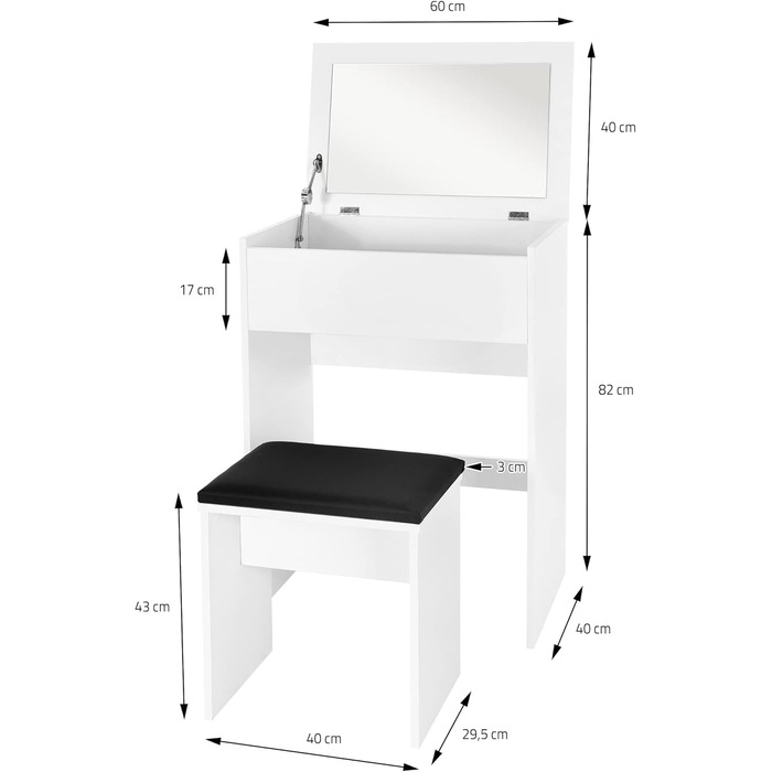 Туалетний столик з табуретом ML-Design, туалетний столик з дзеркалом, 60x40x122 см, білий, Сучасний, Розкладне дзеркало