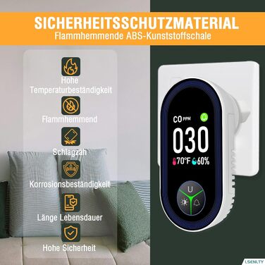 Виявлювач CO з HD-дисплеєм для дому та кемпінгу: 3-в-1 (CO, температура, вологість)