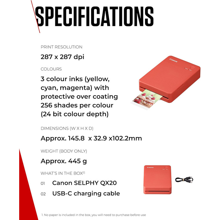 Canon Selphy QX20: Портативний фотопринтер для смартфонів. Друк через Wi-Fi, термосублімація, 2 розміри наклейок, зарядка USB-C. Колір: теракота (без чорнил/паперу)