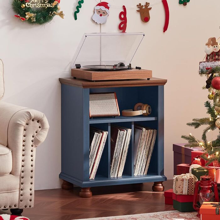 LELELINKY Підставка для програвача, полиця для платівок, містить до 200 платівок, великий дерев'яний стіл для програвача, полиця для платівок у вітальню, спальню, офіс (Блакитний)