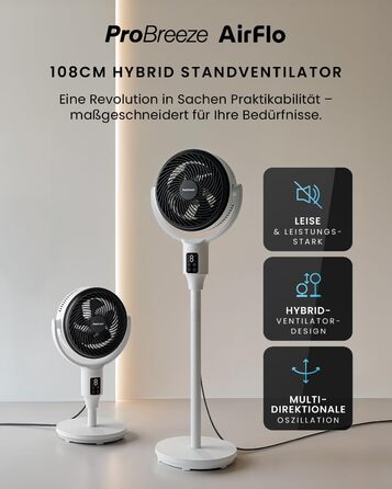 Вентилятор Pro Breeze AirFlo Standventilator 109 см – тихий вентилятор з пультом та LED-дисплеєм, 2 режими, осциляція, 29 дБ, регульована висота, енергоефективний для спальні, офісу та дому