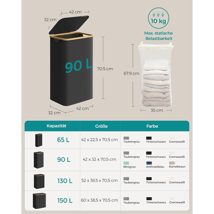 Кошик для білизни з кришкою - чорний / 90 л 42 x 32 x 70.5 cm