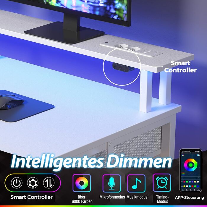 Стіл Rolanstar з шухлядами, 120x47 см, ігровий стіл з розеткою, LED-підсвітка та підставка для монітора, стіл для комп'ютера з підставкою для клавіатури, білий