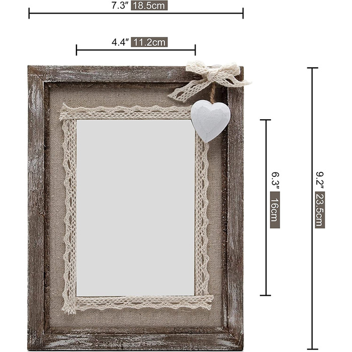 Дерев'яна рамка для фотографій Afuly 13x18, вінтажна коричнева потерта рамка для фотографій з масиву дерева в сільському стилі з білим сердечком, прикраса для весілля