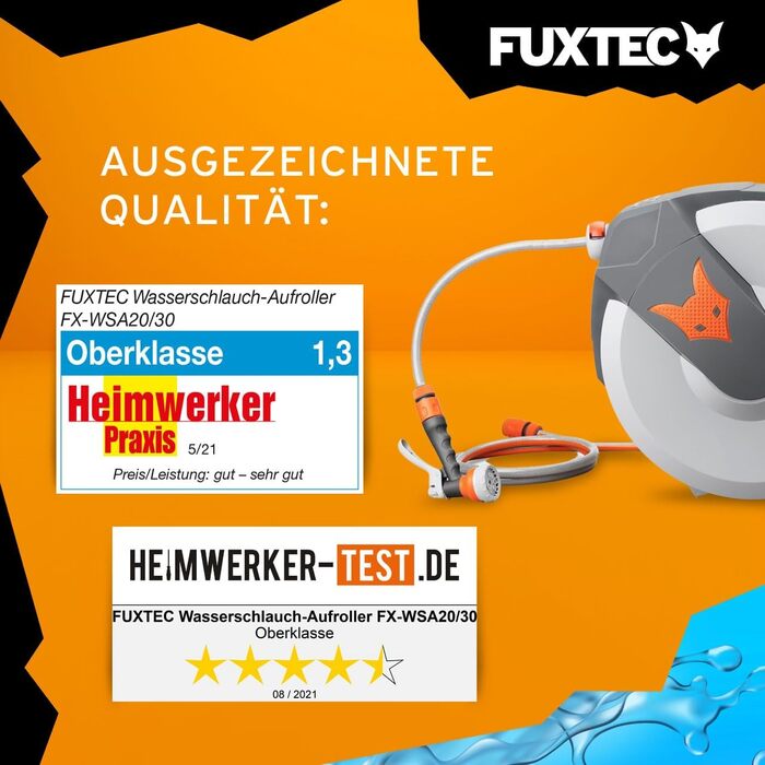 Автоматичний шланг для саду Fuxtec FX-WSA30 – 30 метрів, ½ дюйма, з роликом для стіни, включаючи ручну лійку та з'єднувачі, поворотний на 180°, оранжевий