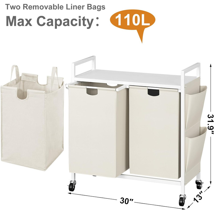 WOWLIVE Подвійний кошик для білизни з кришкою, на колесах, з металу, сортувальник білизни з верхньою полицею та 2 знімними мішками, велике зберігання одягу для кімнати (110л, білий/оптичний сад)