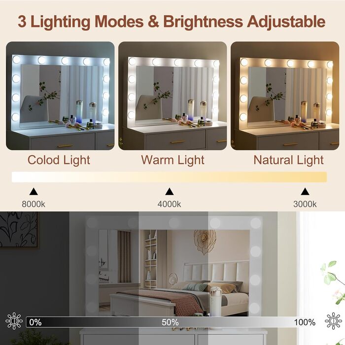 Туалетний столик зі світлом і дзеркалом, з пуфом, 6 ящиків та 6 поличок, 80x36x130 см (PE50)