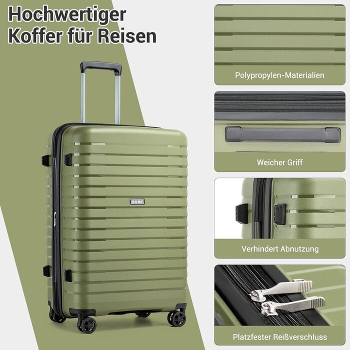 Чемодан KONO середнього розміру з жорсткою обшивкою, PP, з 4 колесами, розширюваний, легкий, з тримачем для напоїв та TSA замком (Зелений, L)
