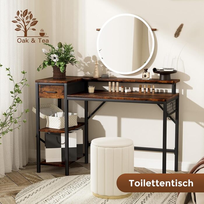 Ігровий стіл Oak & Tea 120x52 см з ящиками, регульованою полицею та тримачем для монітора – для навчання, ігор, роботи та дому. Колір: коричневий та чорний (вінтажний).