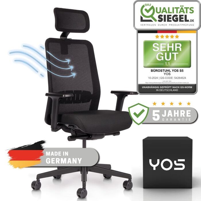 Офісний стілець YOS S5 з підтримкою спини та голови, чорний. Ergonomічний стілець до 150 кг, Made in Germany