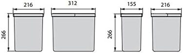 Контейнер для переробки кухонного ящика, висота 266, 2x15l 2x7l, темно-сірий пластик, пластик H 266 мм (2x15 л 2X7 л) контейнер