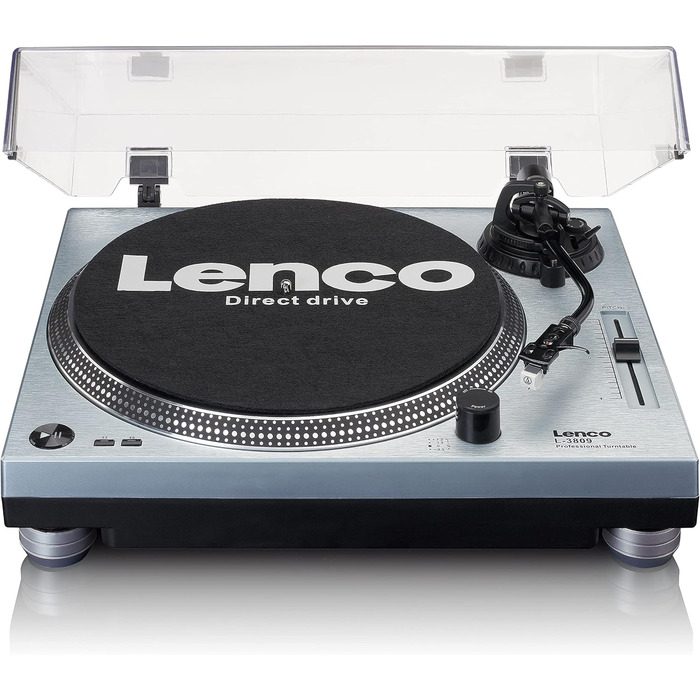 Програвач вінілу Lenco L-3809 з прямим приводом, DJ-платівковий, 33/45 об/хв, регулювання тону, магнітний звукознімач, підсвічування голки, білий (Blau Metallic)
