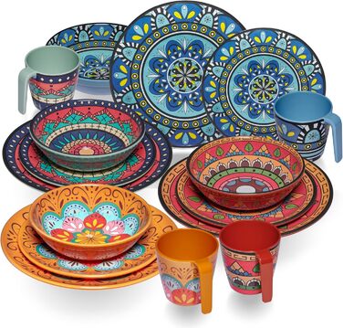 Набір посуду з меламіну Тоскана Пастель на 4 особи - BUNT - дизайн Мандала, 16 частин. Підходить для миття в посудомийній машині, кемпінгу, подорожей, пікніків та вечірок.
