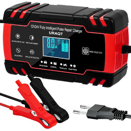 Зарядний пристрій для акумулятора URAQT 8A: 12V/24V, розумний, автоматичний, з LCD, для авто, вантажівок, мотоциклів, човнів