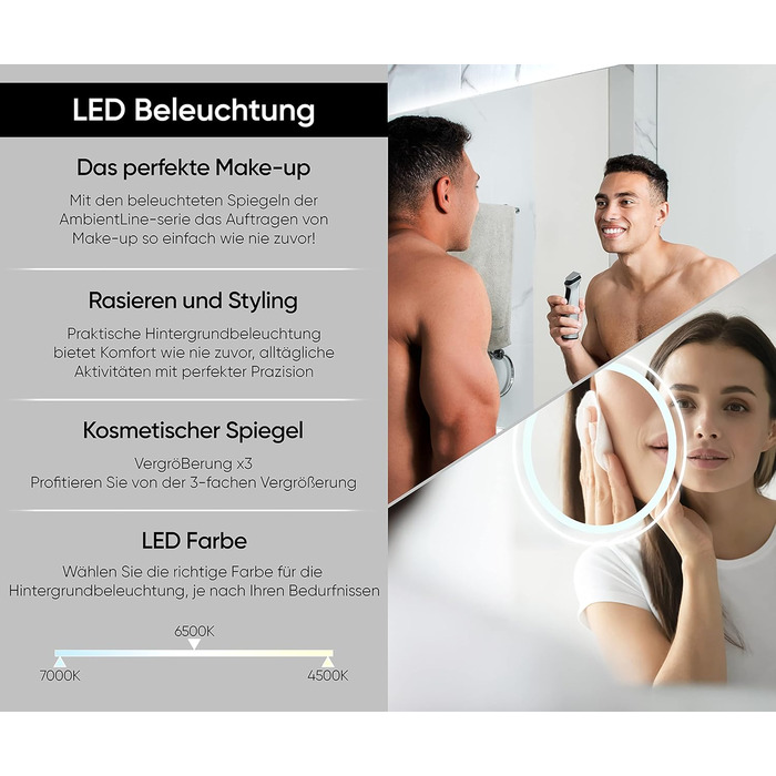 Дзеркало для ванної кімнати Artforma з підсвічуванням, 120x70 см, без рами, сучасний дизайн, індивідуальне замовлення