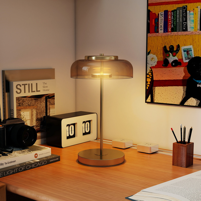 Настільна лампа з теплим світлом LED, металевим цоколем, бронзовим скляним абажуром, діаметром 23 см та висотою 40 см, золотиста