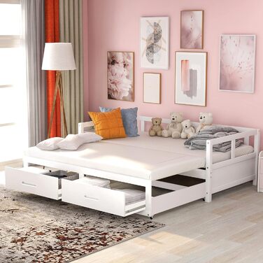 Ліжко Merax house з ящиками і полицями, дитяче ліжечко 90х200 см і 140х70см, ігрове ліжко з масиву дерева з огорожею і рейковою основою, L-подібна конструкція, для 2-х дитячих двоспальне ліжко, (біле-4)