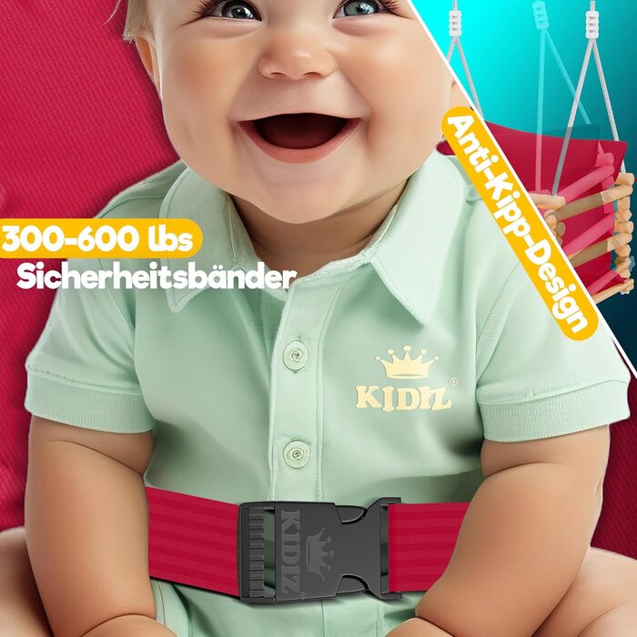 Дитячий гойдалка-колиска KIDIZ® для немовлят (від 6 міс.) та малюків до 3+ років, дерев'яна, з регулюванням висоти та м'якою подушкою, для дому та вулиці, бордовий колір