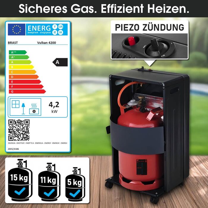 Газовий нагрівач BRAST Vulkan 4200W з керамічним нагрівачем | 3 режими нагріву | з захисним кожухом, редуктором, шлангом та індикатором рівня газу | складний та мобільний | для балонів до 15кг | газовий нагрівач, обігрівач, нагрівальний прилад