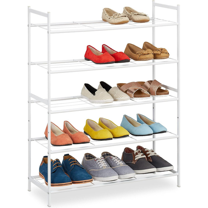 Підставка для взуття Relaxdays, металева, 5 рівнів, штабельна, розширювана, HBT 90x70x26 см, 15 пар взуття, біла