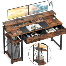 Стіл ODK з полицями, комп'ютерний стіл з 2 ящиками і підставкою для монітора, офісний стіл з книжковою шафою, комп'ютерний стіл для малого ПК, стіл для домашнього офісу, 120x50x87см, коричневий в сільському стилі