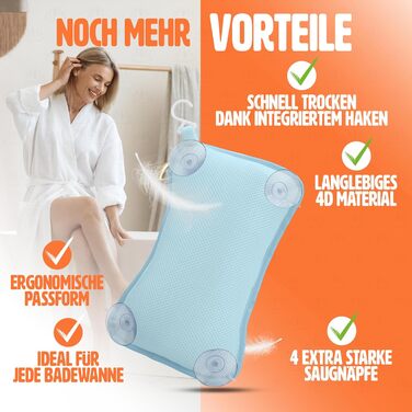 Подушка для ванни з ергономічною формою для шиї та спини - преміум якість, з 4 надміцними присосками та інтегрованим гачком (Блакитна)