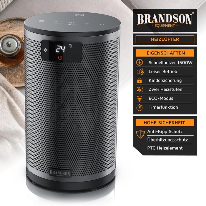 Обігрівач Brandson з дистанційним керуванням, 1500 Вт, 2 режими, ECO, захист від перекидання та перегріву