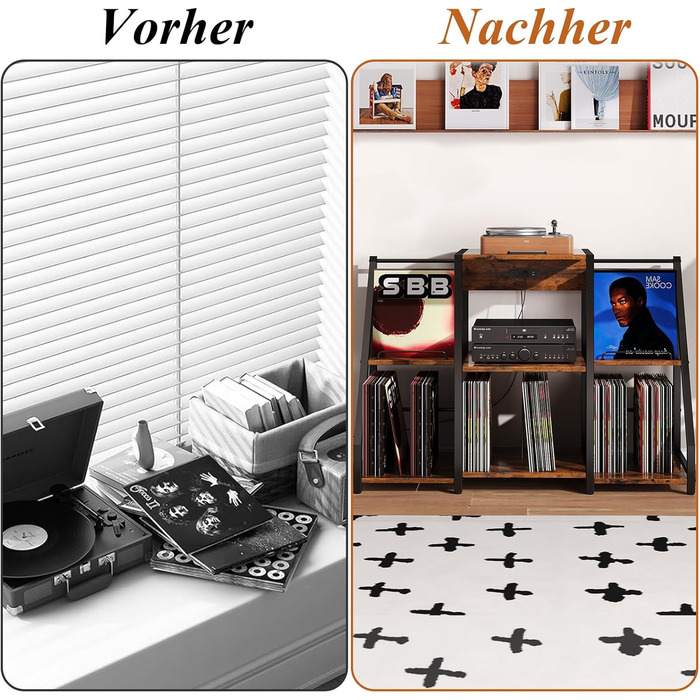 Підставка для програвача вінтаж велика з розеткою та LED-підсвіткою, тримач для платів, полиця для вінілу на 300 альбомів, для вітальні, спальні