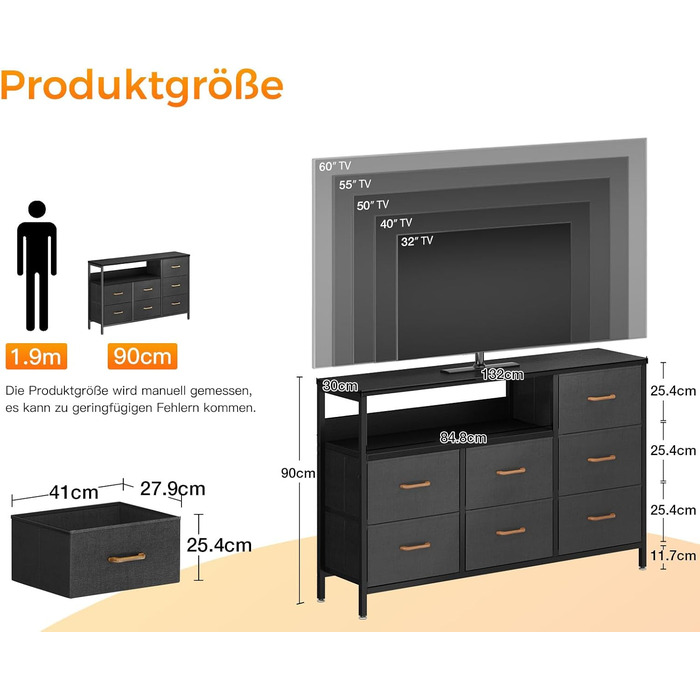 Комод Coleshome з висувними ящиками, світлодіодною підсвіткою, 2 USB та 2 розетки AC, 7 тканинних ящики, для спальні/вітальні, 132*30*89 см, чорний