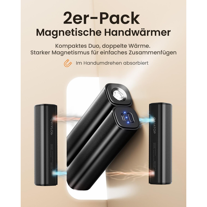 Електричний грівець для рук Gaiatop 8000mAh з LED-ліхтариком (2 шт.), магнітний, 3 швидкості нагріву, для жінок, сім'ї, активного відпочинку, чорний
