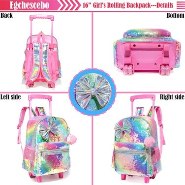 Дитячий рюкзак Egchescebo Satchel для дівчаток Колеса 17 3PCS Туристичні рюкзаки Рожевий bd