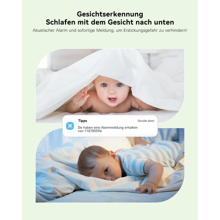 Відеоняня COCOCAM 2K 4MP з камерою та монітором 5 дюймів, Wi-Fi 2.4/5GHz, ШІ-розпізнавання, датчик перекриття обличчя та сну на животі, автотрекінг, ІК нічний зір