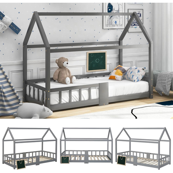 Дитяче ліжко-будиночок Moimhear 90x200 см, сірий колір, з соснового дерева, для дітей