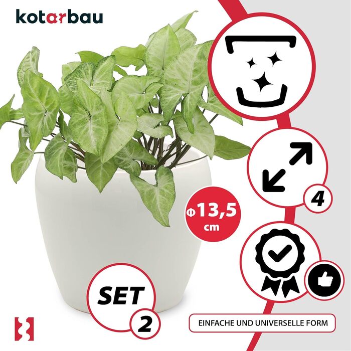 Набір з 2 горщиків для квітів KOTARBAU® - кераміка, діаметр 13.5 см, висота 15 см, білий