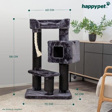 Кігтеточка для великих кішок HAPPYPET, 118 см, колоди 15 см, сизаль 8 мм, плюш 600г, дерево протестоване, антрацит