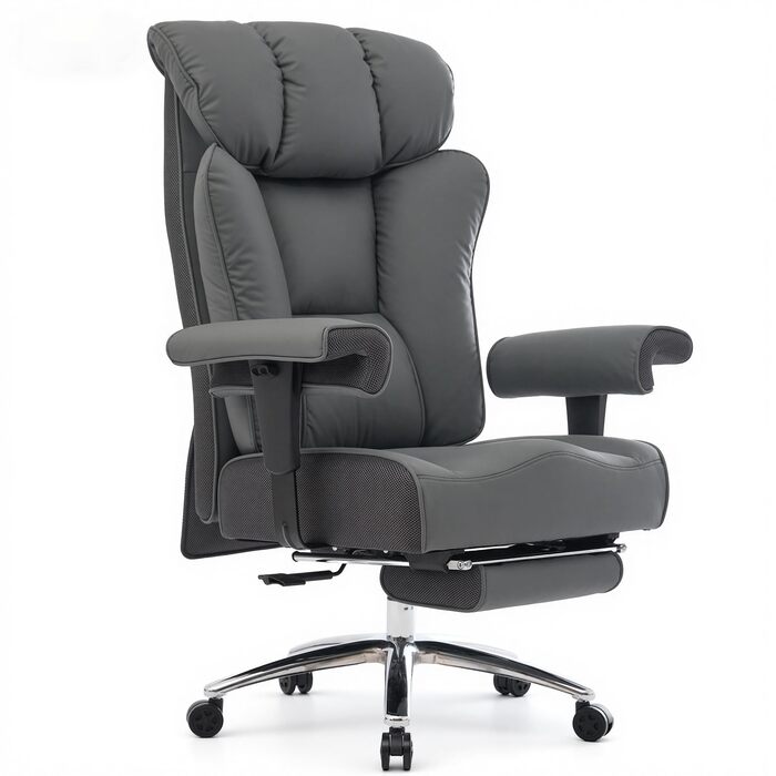 Офісний крісло Efomao XXL 200 кг з підставкою для ніг, сіре. Крісло для керівника з екошкіри, висока спинка, регульовані підлокітники, підтримка попереку для дому та офісу.