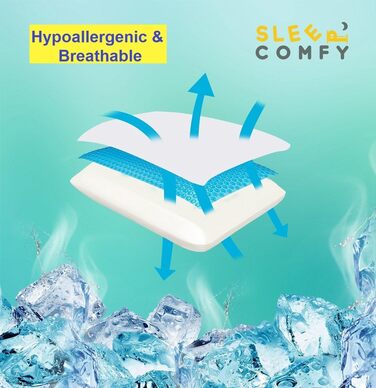 Ортопедична подушка для сну Comfy Premium Gel Memory Foam з гелевим охолодженням, 60x40x14/12 см. Підтримка шиї, для тих, хто спить на боці та на спині.