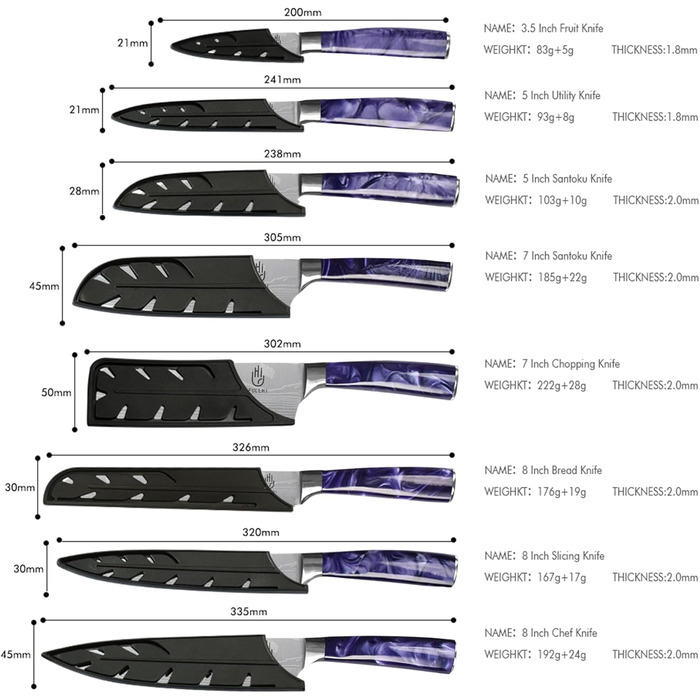 Японський набір ножів FULLHI 15 предметів з магнітним підставкою, леза з японської сталі, ергономічні ручки з смоли для професійної та домашньої кухні (фіолетовий, 14 ножів)