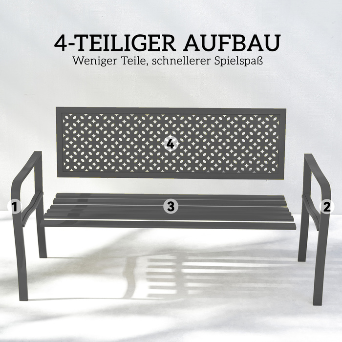 Лавочка для саду на 2 особи, металева, стійка до погодних умов. Міцна конструкція з антикорозійним покриттям та геометричним дизайном, витримує до 240 кг.